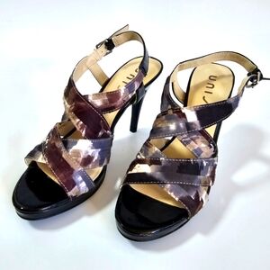 Unisa Sz 7.5 Satin Purple and Black Open Toe Vriss Cross Slingback Heels